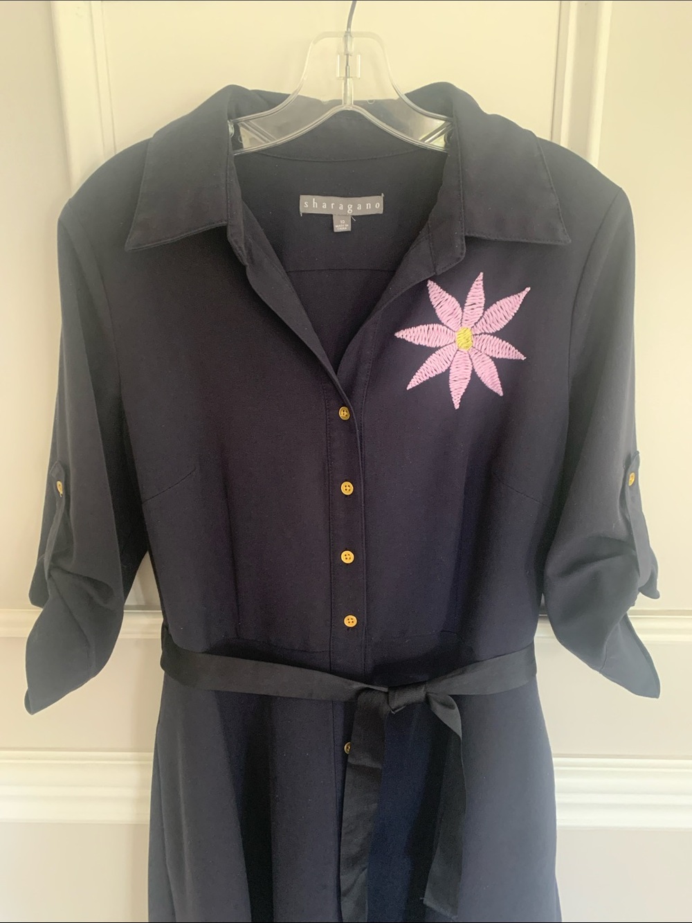 Sharagano Navy Dress with Custom Boutique Purple Embroidered Tenango Flower